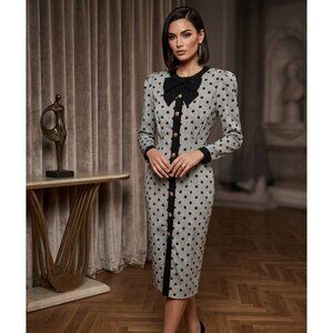 Vintage-Inspired Black & White Polka Dot Midi Dress With Gold Buttons & Bow Deta